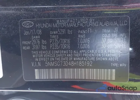 2008 Hyundai Santa Fe Gls z USA, uszkodzony, nr VIN 5NMSG73D48H185192